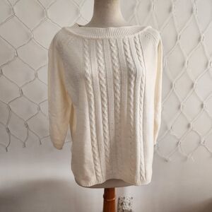 Karen Scott Cream Cable Knit Sweater • Sequins & Beading • Thick • Size Large